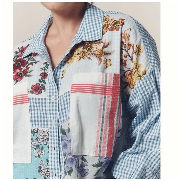 NWT Anthropologie Maeve Long-Sleeve Patchwork Tea Towel Buttondown Shirt 2X - Picture 9 of 17